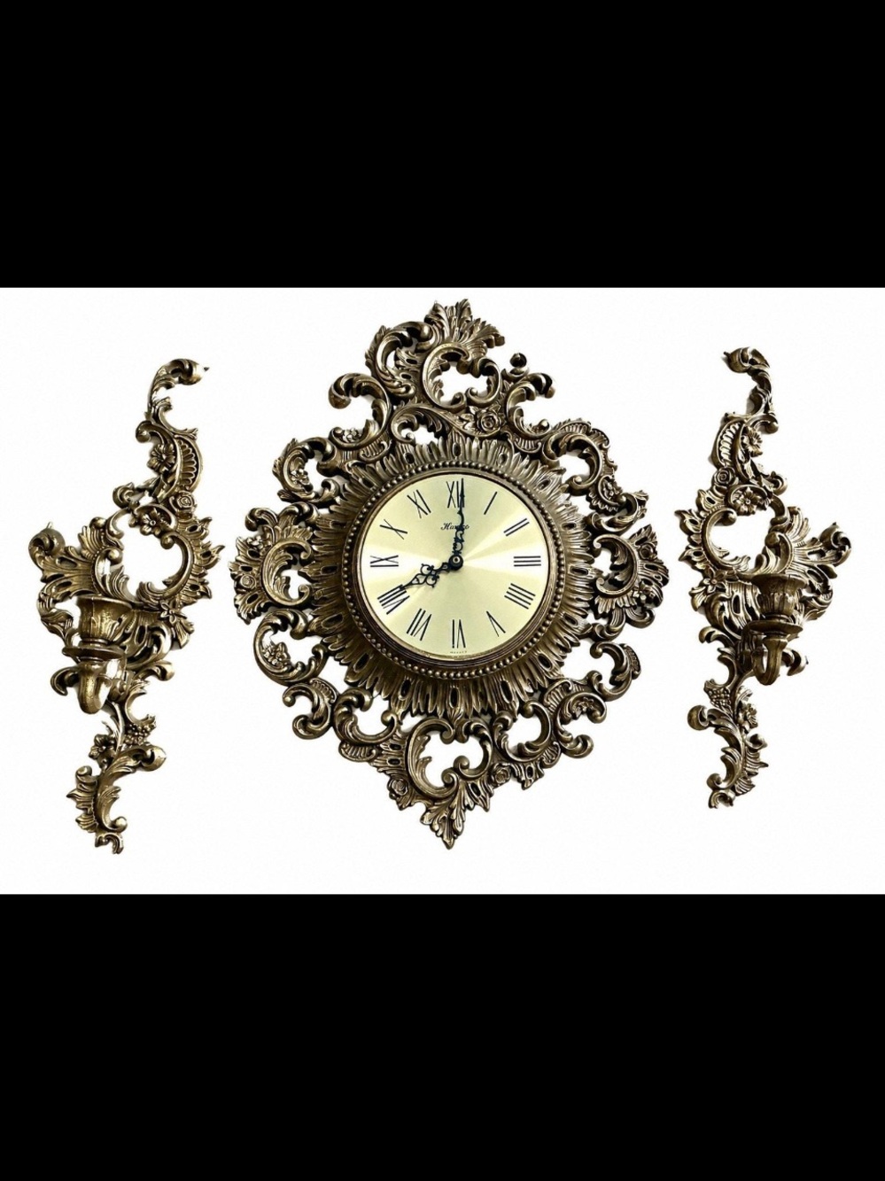 Homco Gold Syrocco Regency wall clock and matching 
Candleholders